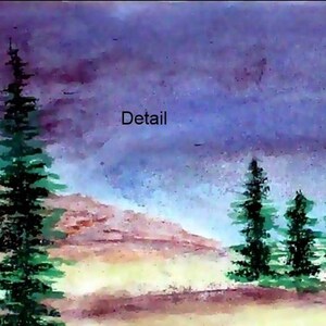 May include: A watercolor painting of a landscape with a purple sky and green trees. The word "Detail" is written in the sky.