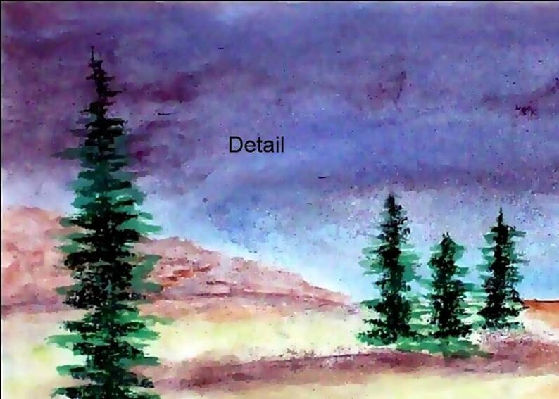 May include: A watercolor painting of a landscape with a purple sky and green trees. The word "Detail" is written in the sky.