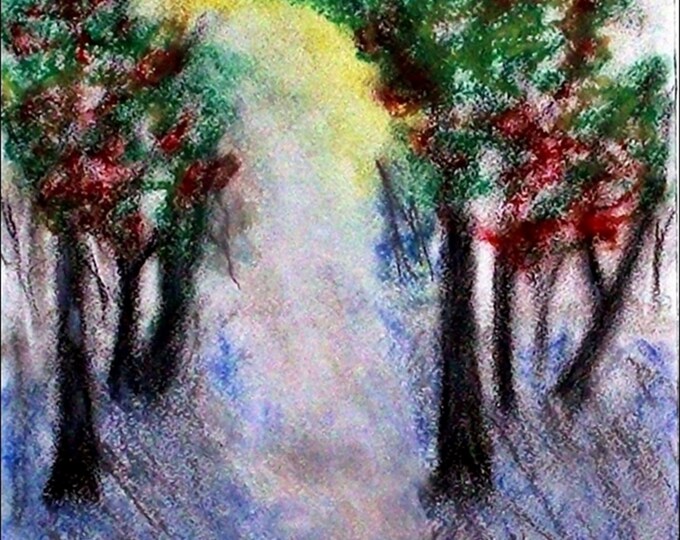 2018#33_Abendlicht, pastel paintings, autumn, sunset, avenue, trees, path, grass, fog, pastel painting, landscape, pastel image