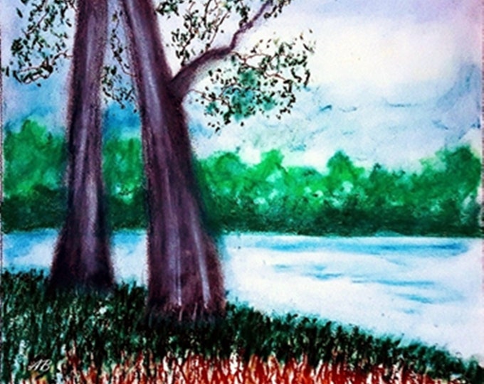 2019-26_Bäume by the Lake, Pastel Painting, Trees, Forest, Lake, Grass, Water, Sky, Clouds, Landscape, Pastel Painting, Pastel Chalk