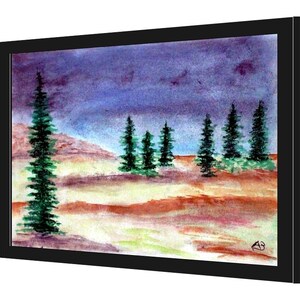 May include: A watercolor painting of a forest scene with a row of evergreen trees in the foreground and a purple sky in the background.