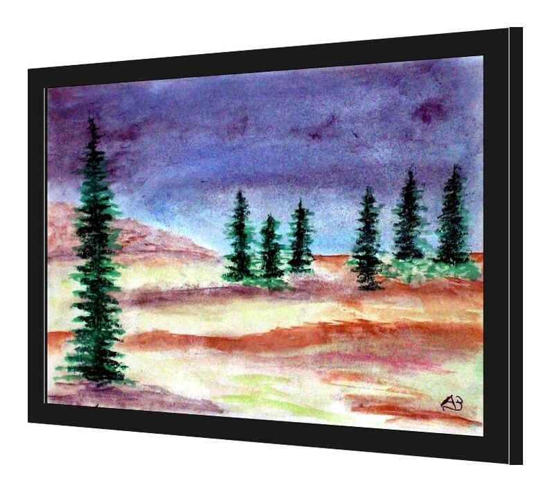 May include: A watercolor painting of a forest scene with a row of evergreen trees in the foreground and a purple sky in the background.