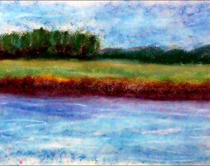 2018#24_Am river, pastel paintings, forest, trees, bushes, field, river, grass, meadow, landscape, pastel painting