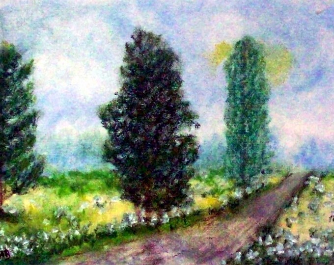 2018 # 51 _ Trees on the Way, Pastel Paintings, Trees, Meadow, field, Flowers, Path, nature, Bushes, Impressionism, landscape Painting,