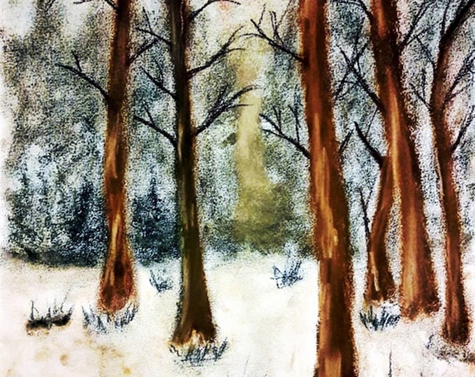 2019-24_Winterwald, pastel painting, trees, forest, snow, winter, bushes, nature, landscape, pastel painting, pastel painting