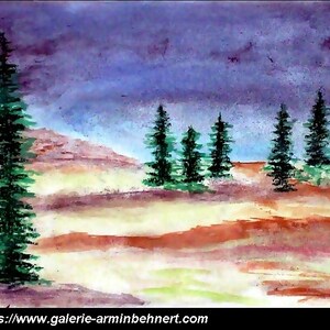 May include: Watercolor painting of a landscape with a row of dark green pine trees in the foreground and a purple sky with white clouds in the background.