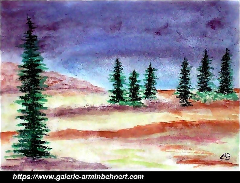 May include: Watercolor painting of a landscape with a row of dark green pine trees in the foreground and a purple sky with white clouds in the background.