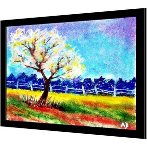 May include: A pastel painting of a landscape with a white tree in the foreground, a blue fence, and a blue and yellow field.