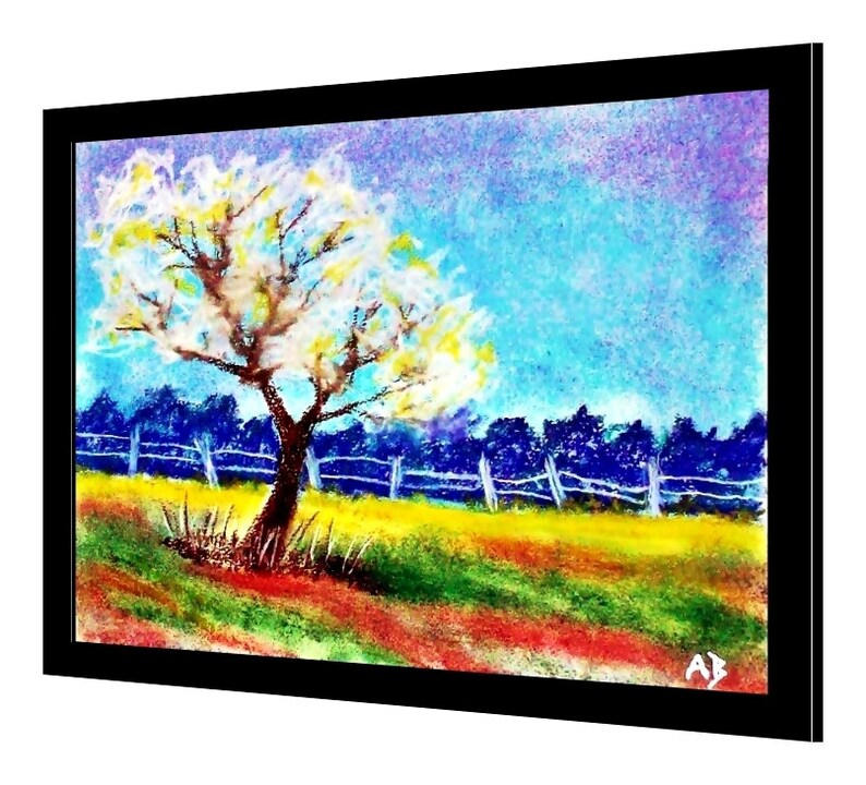 May include: A pastel painting of a landscape with a white tree in the foreground, a blue fence, and a blue and yellow field.