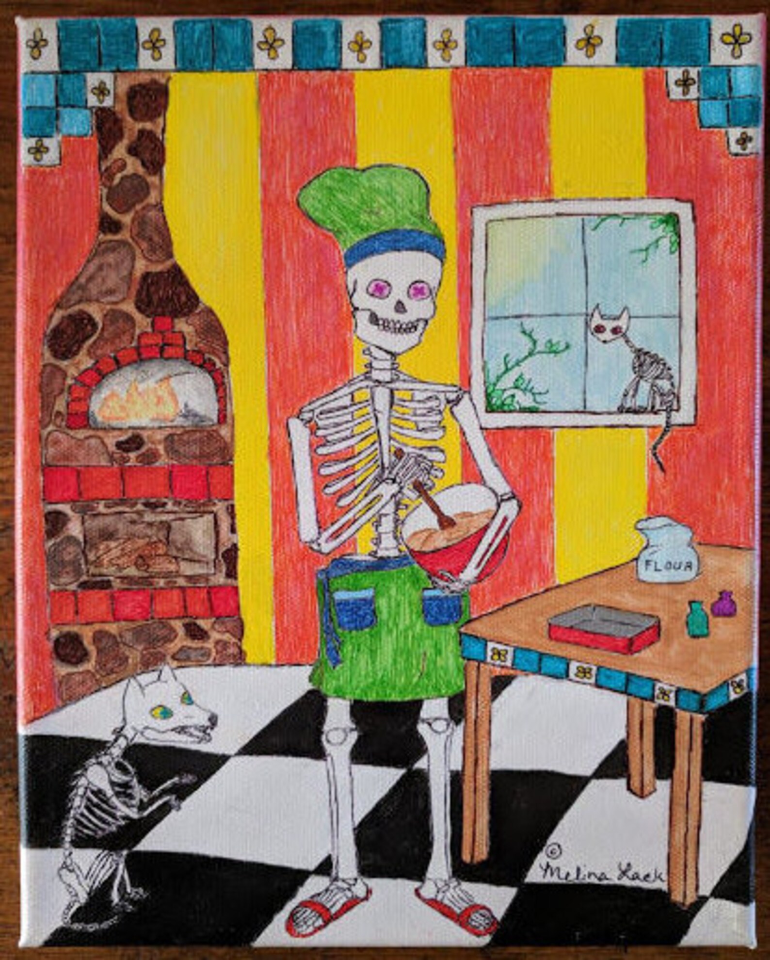Chef Baker Cook Skeleton Original Canvas Art Kitchen Colorful Etsy France