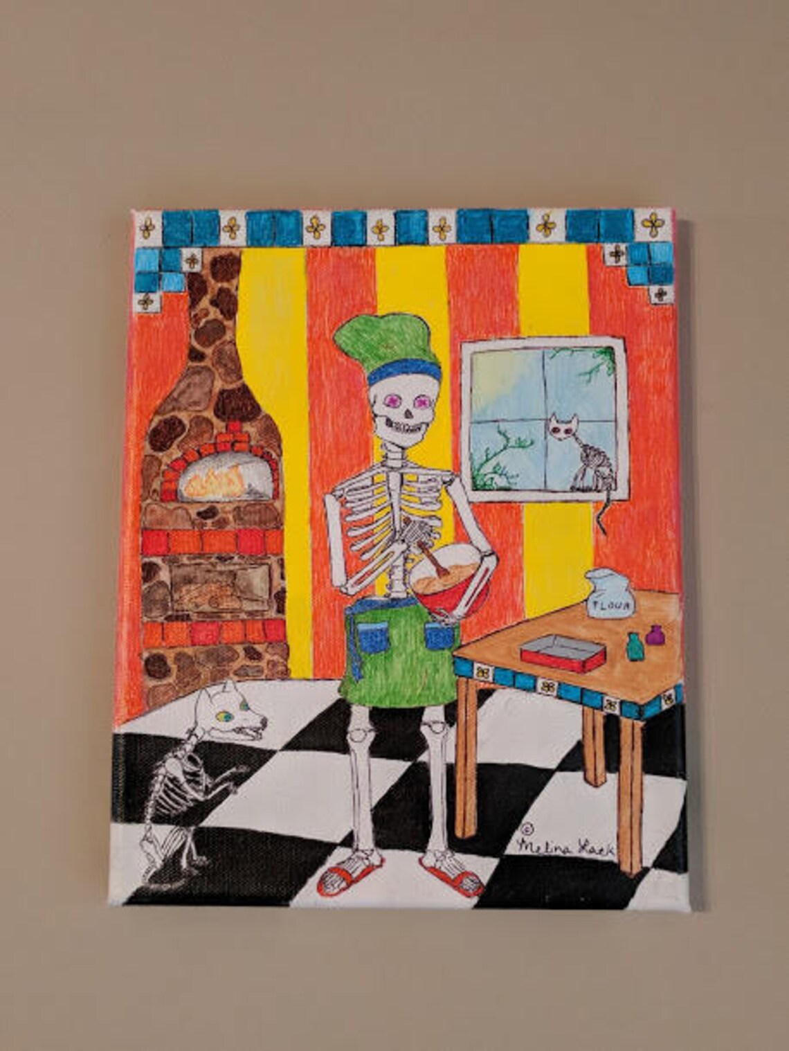 Chef Baker Cook Skeleton Original Canvas Art Kitchen Colorful Etsy France