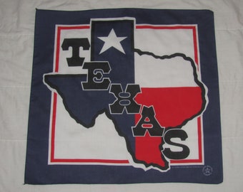 Vintage Made in USA Bandana - Texas State Outline - Red, White, Blue - Cotton, Polyester Blend