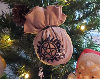 Supernatural Ball Ornament Embroidered Anti Possession with moose and squirrel charm. Impala Buckskin.