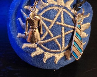Castiel Ball Hex Bag Ornament Anti Possession Embroidered with Cas tie and Overcoat charms.
