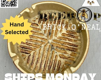 Ashtray collection 3: Vintage Round Pottery Craft Ash Tray - Yellow Stripe Pattern