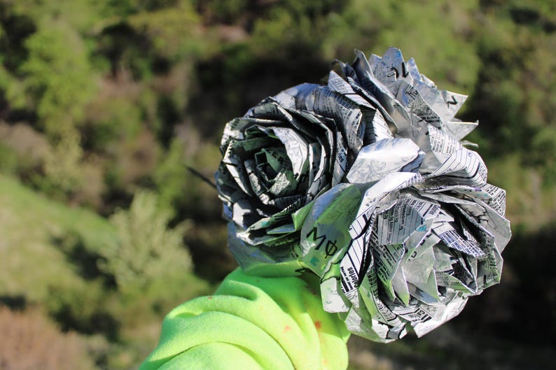 May include: A bouquet of paper roses made from newspaper. The roses are silver and gray, with visible text from the newspaper. The background is a blurred view of green trees and foliage.