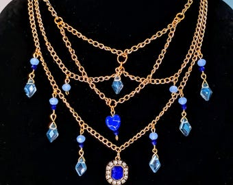 Handmade, Layered Chain, Blue Pendants and Beads, Gold Necklace, Bracelet and Earrings Set. For Style, Costumes, Big Events and More.