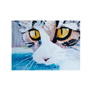 Small Watercolor Paper &quot;Patches Cat&quot; Fine Art Print Giclee of Acrylic Painting Blue and Gold