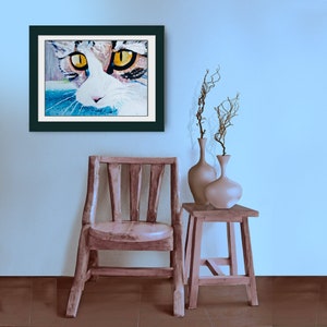 Medium Watercolor Paper Fine Art Print &quot;Patches Cat&quot; of Acrylic Painting Blue and Gold