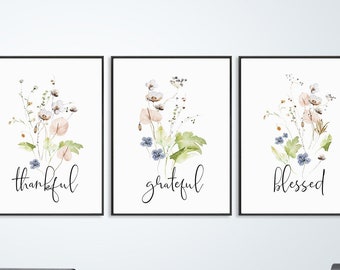 Farmhouse Faith Wall Art Decor Christian Gift, Thankful Grateful Blessed Quote, Meadow Printable Watercolor Wildflowers YOU PRINT 41121