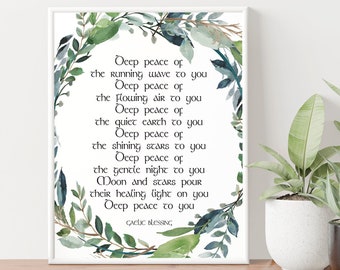 Deep Peace Gaelic Blessing Wall Art Decor, Irish Sayings, Celtic Art, Eucalyptus Wreath Digital Prints Home Decor YOU PRINT 41074