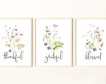 Printable Wall Art Watercolor Wildflowers - Farmhouse Faith Based Decor, Thankful Grateful Blessed Quote, Meadow Prints YOU PRINT 41121