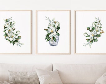 White Magnolias Green Leaves Digital Prints - Flower Plants Wall Art Home Office Decor Botanical Posters Printable Set of 3 YOU PRINT 40591