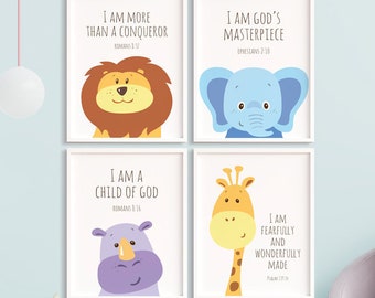 Christian Wall Art Decor For Kids - Cute Baby Giraffe, Elephant, Lion, Rhino - Safari Animals Bible Verse Digital Print YOU PRINT 40174