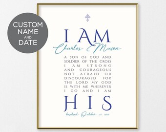 Boy Baptism Gift - I Am His, Wall Art Sign Printable - Personalized Name And Date, great as Custom Gift for your Teen, Nursery or Baby 40274