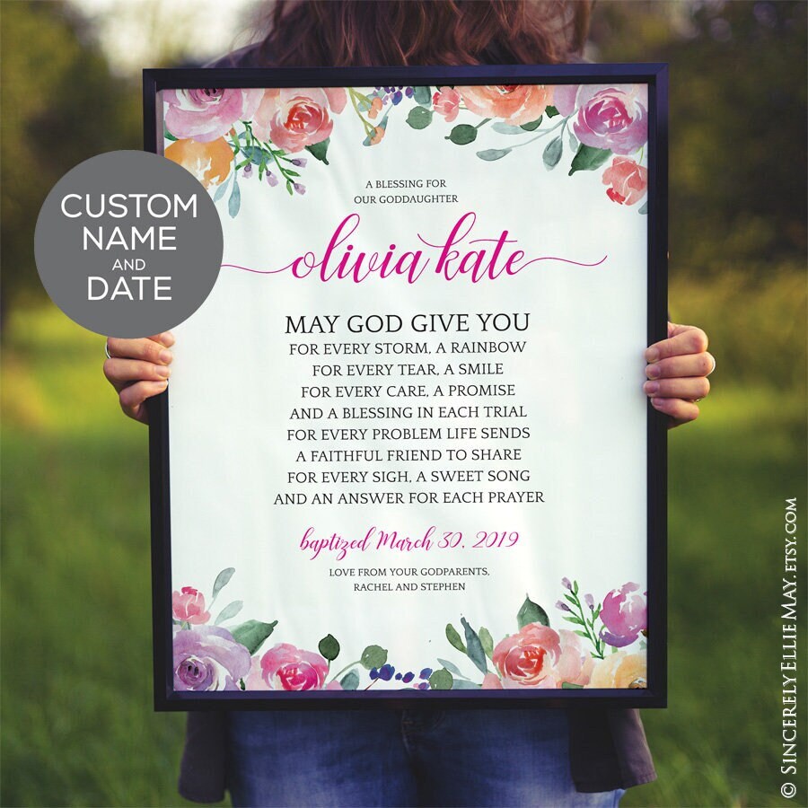 Custom Gift From Godparents, Girl Baptism Printable - Personalised Name And Date - Blessing Floral Wall Art for Baby, Child or Teen 40281