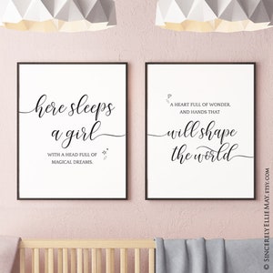 Nursery Art Girl Here Sleeps A Girl Quote - Wall Decor Printable Sign, hang in Baby or Young Girls Bedroom, give as Baby Shower gift 40074