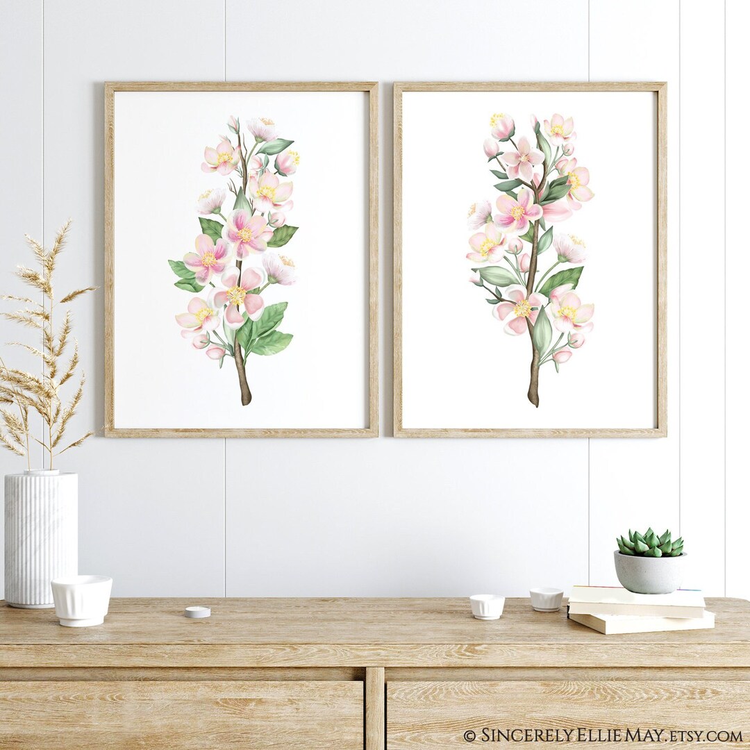 Modern Home Decor, Apple Blossom Wall Art Set of 2, Spring Flowers