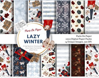 心地よい冬のデジタルペーパー | ファッションイラスト | 魅力的な冬のペーパーパック | 冬のパターン | 雪の結晶 | クリスマスの背景 | 12x12
