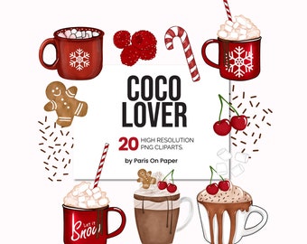 クリスマス ホット チョコレート PNG クリップアート、居心地の良いクリップアート、休日のクリップアート、居心地の良い冬のグラフィック、ホット ココア PNG、プランナー ステッカー、即時ダウンロード