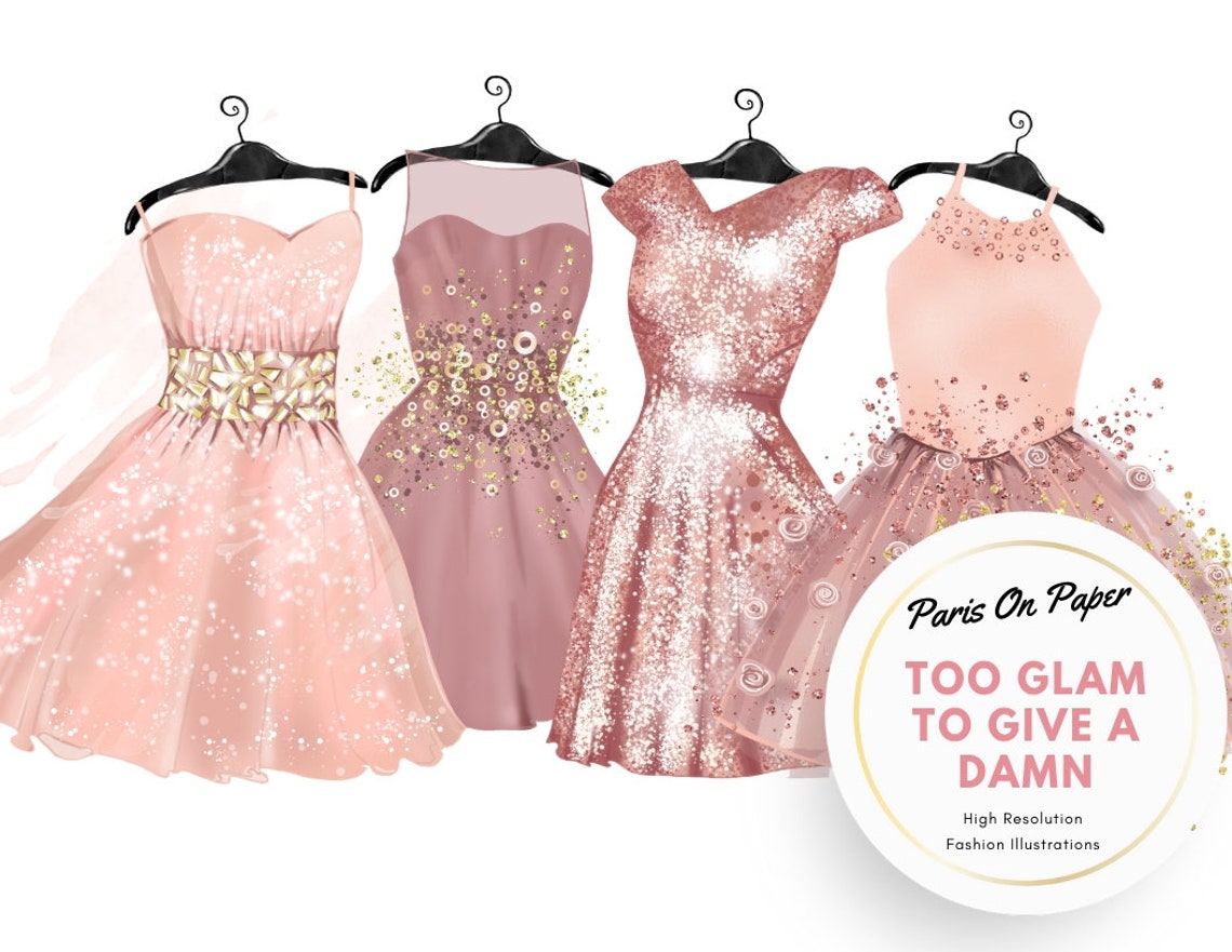 Rose Gold Party Dress Clip Art Fashion Illustration Dress, New Year's Party Clipart, Glam Dress