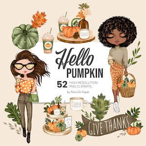 Clipart carino autunno, clipart moda autunnale, ragazza afro autunnale png, clipart ragazza autunnale, zucca png, foglie autunnali, grafica del Ringraziamento