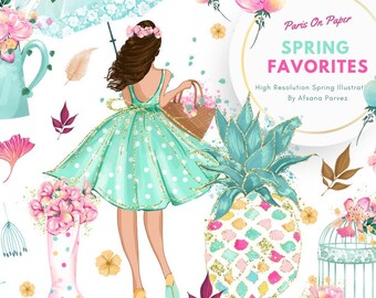 春のクリップアートセット | ファッションドールと花のイラスト | インスタントダウンロードPNG | ファッションガール、花のクリップアート、春のデジタルプランニング