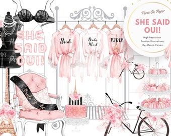 Paris Theme Bridal Shower Cliparts / Bachelorette Party Clip arts / Fiesta de París / Ilustración de moda / Chica planificadora / Lencería / Eiffel