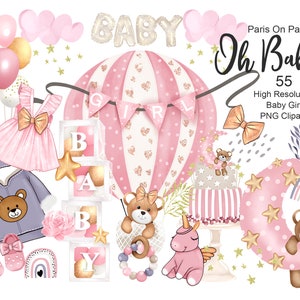 Baby Girl Clipart | Toys Clipart | Teddy Bear | Hot Air Balloon | Cake Clipart | Baby Shower | Planner Stickers | Baby Announcement | PNG