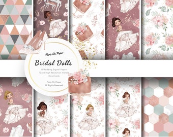 Bridal Doll Digital Paper | Wedding Scrapbook | Fashion Illustration | Planner Stickers | Seamless Paper Pack | Instant Download | Floral