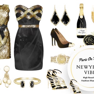 Eve mode Illustration Clipart nouvel an, clipart de célébration, glam, champagne, or, paillettes, robe de soirée, couture chaussures robe numérique