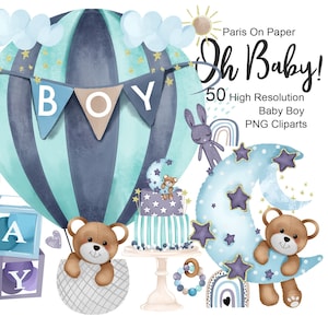 Boy Baby Shower Clipart Set,Baby Announcement Graphics,Baby Boy Planner Stickers ,Teddy Bear Clipart,Hot Air Balloon,Toys, Nursery prints