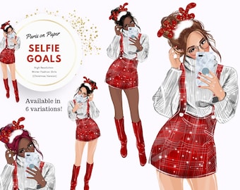 ファッションクリスマスガールのイラストクリップアート自撮り | 冬のファッションスケッチ | トナカイのヘッドバンド | ファッションプランナーステッカーデジタル