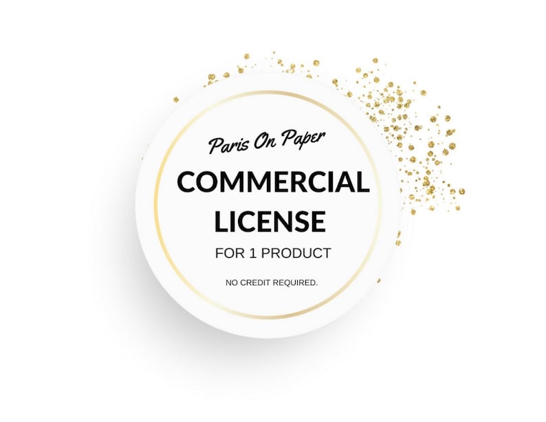 Pu&ograve; includere: Un cerchio bianco con un bordo dorato e il testo "Paris On Paper COMMERCIAL LICENSE FOR 1 PRODUCT NO CREDIT REQUIRED." Il cerchio &egrave; circondato da glitter dorato.
