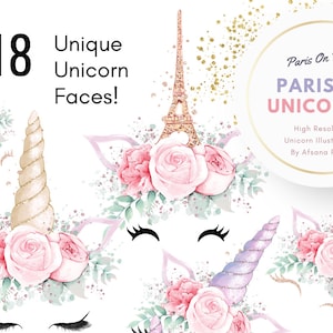 Unicorn parigino viso Clipart | Clipart di testa unicorno | Partito di Parigi | Baby doccia | Scuola materna arte | Floreale magica ciglia Clipart | Peonie