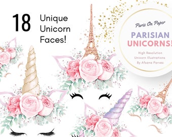 Parisian Unicorn Face Clipart | Unicorn Head Clipart | Paris Party | Baby Shower | Nursery Art | Floral Magical Lashes Clipart | Peonies