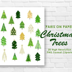Christmas Tree Clipart | Holiday Clipart | Invitation Graphics | Green Gold Glitter | Handrawn Watercolor Trees | Instant Download PNG