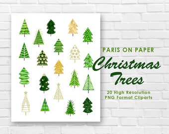 クリスマス ツリーのクリップアート | ホリデー クリップアート | 招待状のグラフィック | グリーン ゴールド グリッター | 手描きの水彩画の木 | すぐにダウンロードできる PNG