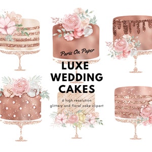 May include: Six high-resolution digital clipart images of wedding cakes decorated with glitter, flowers, and pearls. The cakes are all different designs and are perfect for adding a touch of elegance to your wedding invitations, stationery, or other projects.  Paris On Paper LUXE WEDDING CAKES.