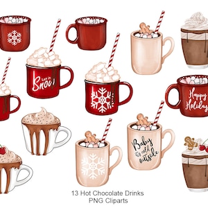May include: Thirteen watercolor illustrations of hot chocolate drinks in mugs with various toppings, including marshmallows, whipped cream, and candy canes. The mugs are in various colors, including red, brown, and beige. The text "Let it Snow", "Baby it's cold outside", and "Happy Holidays" are included on some of the mugs.